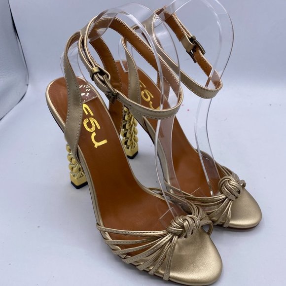 FSJ Bows Open Toe Sandals Gold Block Heels New Size 8 - Picture 4 of 8